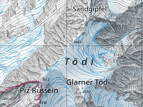 Karte des Tödimassivs mit Piz Russein, Glarner Tödi und Sandgipfel.