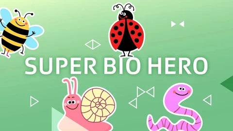 Grafic mit Biene, Marienkäfer, Schnecke und Wurm und dem Schriftzug Super Bio Hero