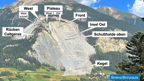 Berg mit Erdrutschzonen und Beschriftungen in Brienz/Brinzauls.