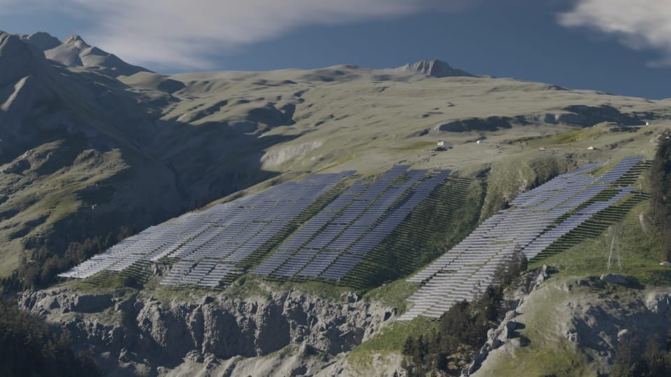Eine Visualisierung einer Solaranlage hoch in den Bergen.