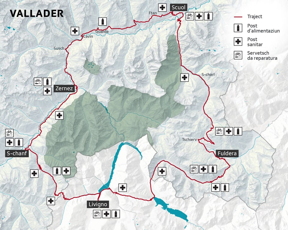 Karte der Gegend um Vallader mit Wanderwegen und Postdiensten.