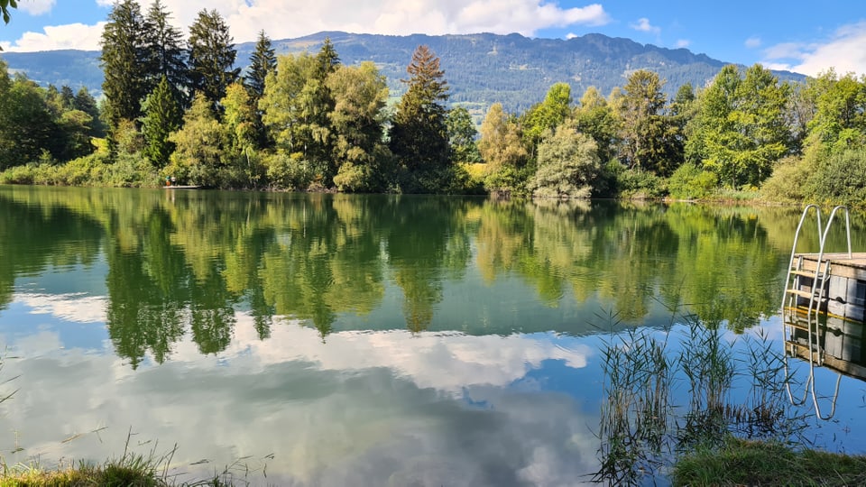 See mit Wald und Bergen im Hintergrund.