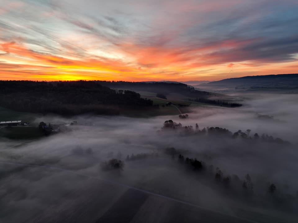 Luftaufnahme eines nebeligen Tals beim Sonnenaufgang.