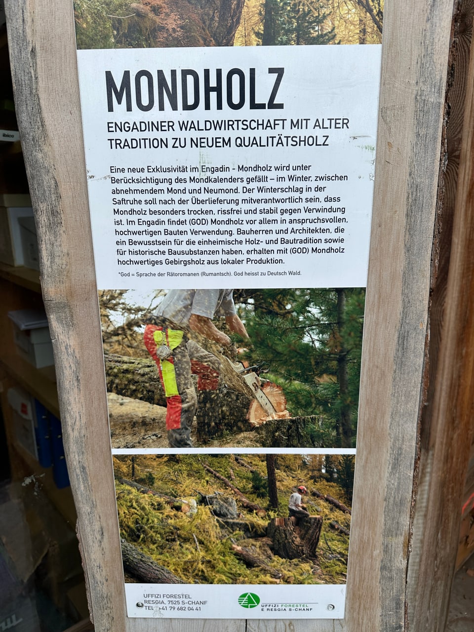 Plakat über Mondholz, Engadiner Waldwirtschaft mit Tradition.