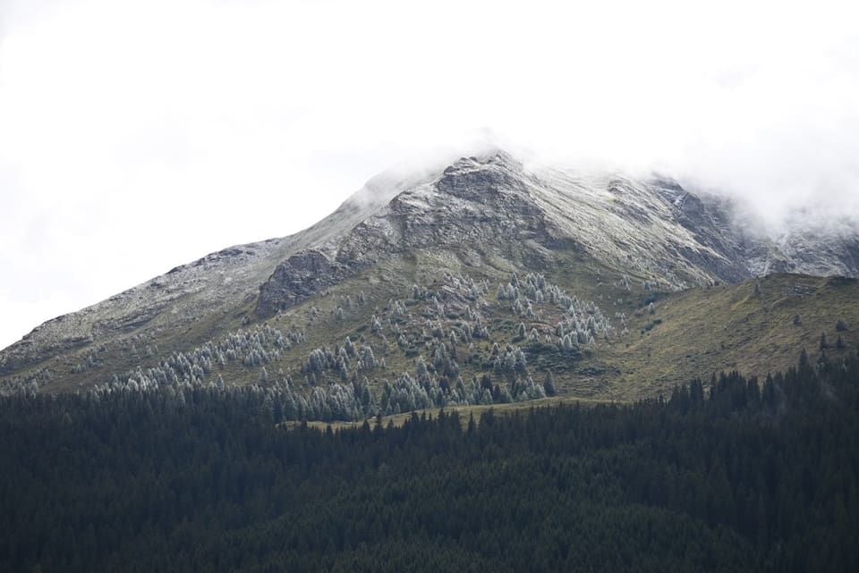 Der erste Schnee auf einem Berg, zum Teil in Nebel eingehüllt.