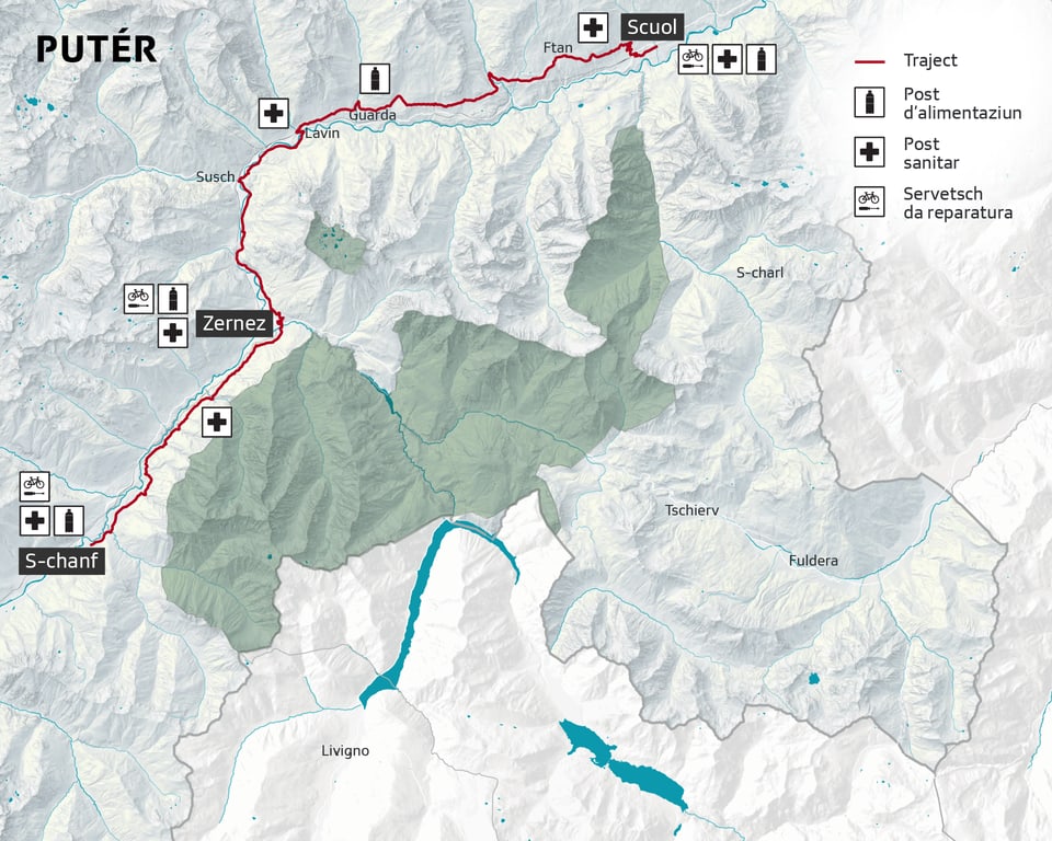 Karte im Engadin von S-chanf bis Scuol mit eingezeichneten Verpflegungs-, Erste-Hilfe- und Reparaturstationen.