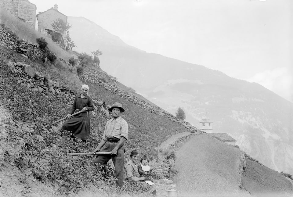 Familie bei der Feldarbeit auf einem steilen Berghang.