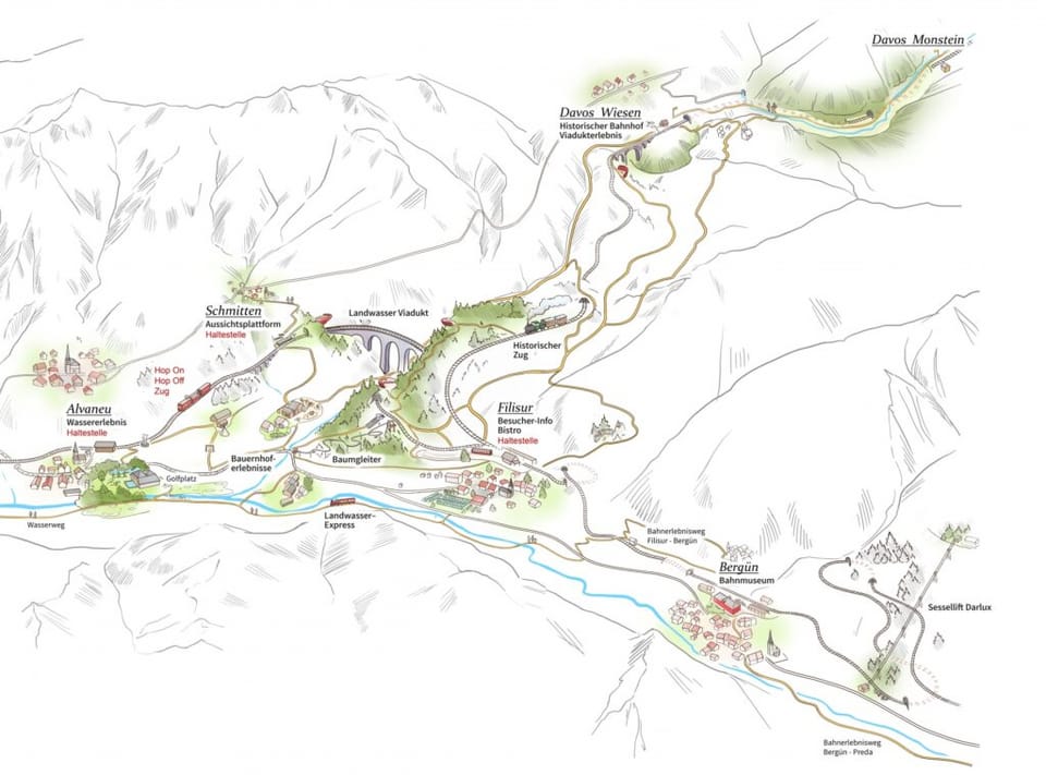 Handgezeichnete Karte der Region Landwasserviadukt in der Schweiz, mit verschiedenen markierten Dörfern und Bergen.