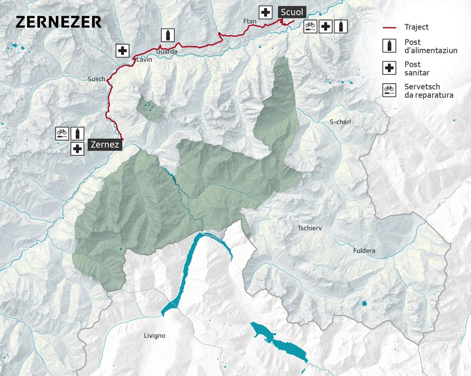 Landkarte von Zernezer mit Wanderweg, Verpflegungsposten, Sanitätsposten und Reparaturservice.