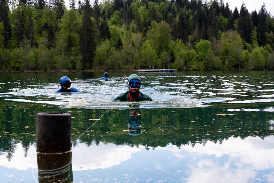 Menschen mit Schnorchelausrüstung schwimmen im See."]