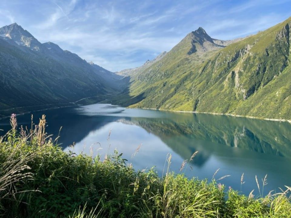 Bergsee mit umliegenden grünen Bergen.