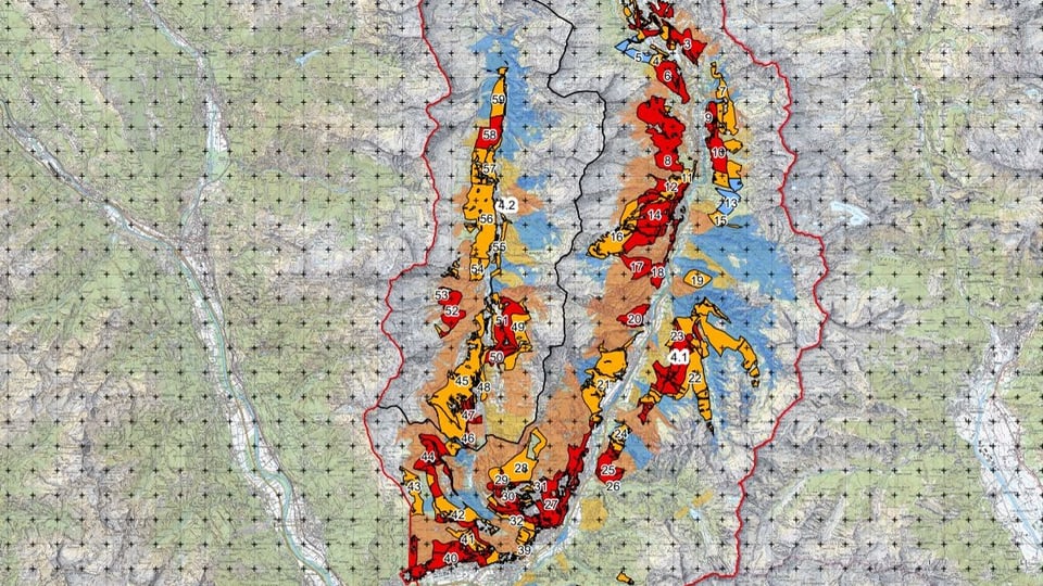 Kartierung eines geologischen Gebiets mit farblich gekennzeichneten Zonen.