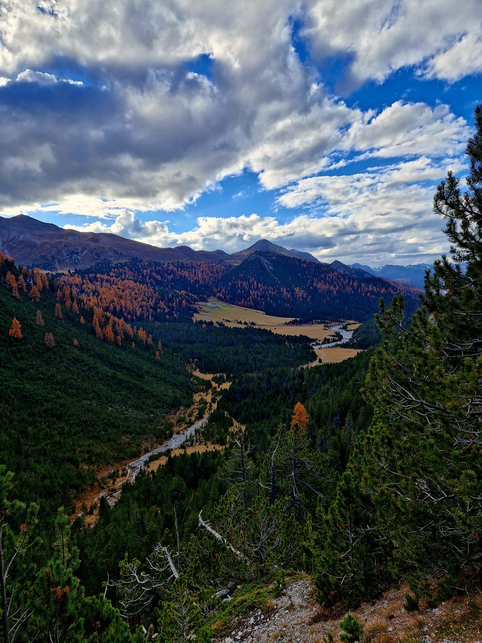 Berglandschaft mit Fluss, Wolken und Herbstwald.