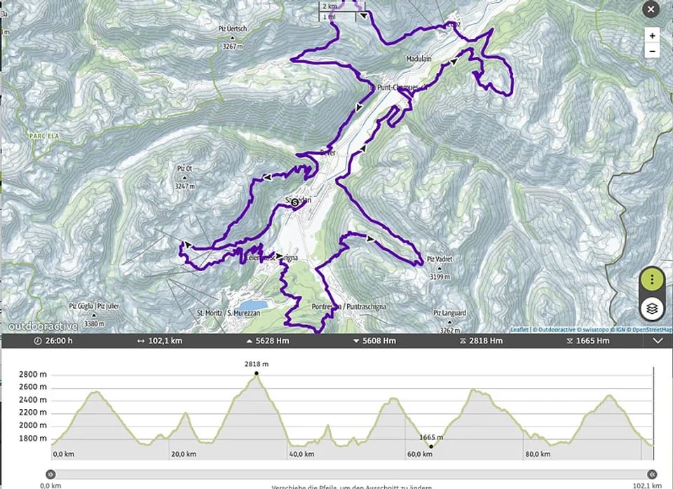 Digitale Karte mit markierter Wanderroute und Höhenprofil.