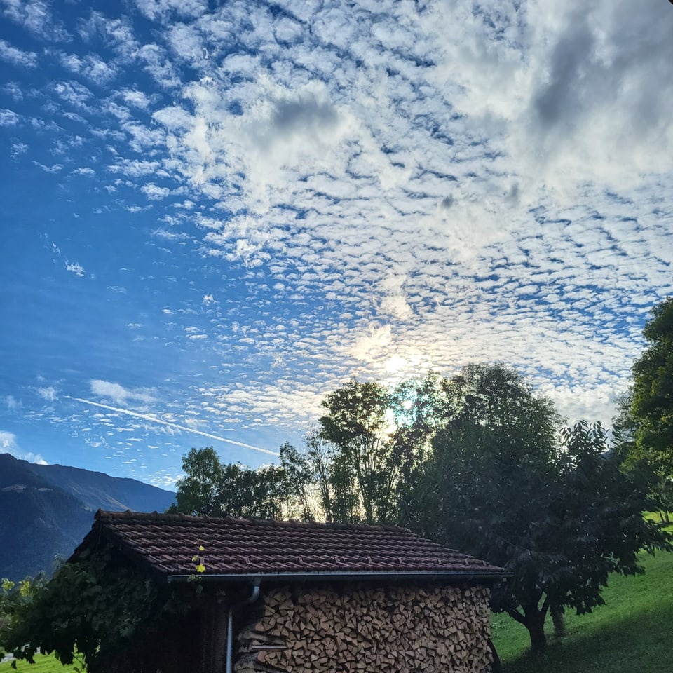 Holzstapelhäuschen vor bewölktem Himmel.