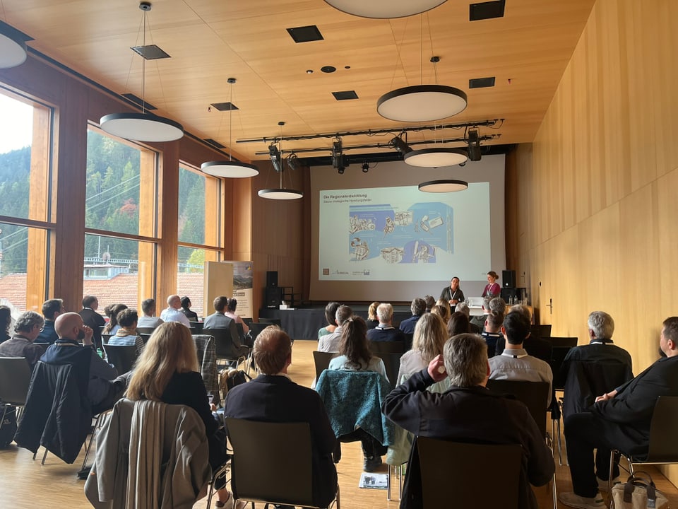 Personen in einem Konferenzraum, Präsentation auf Leinwand.