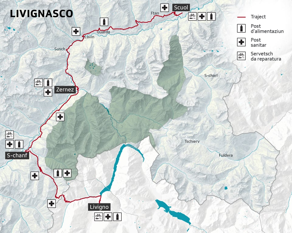 Karte der Region LIVINGNASCO mit markiertem Wanderweg und Poststationen.