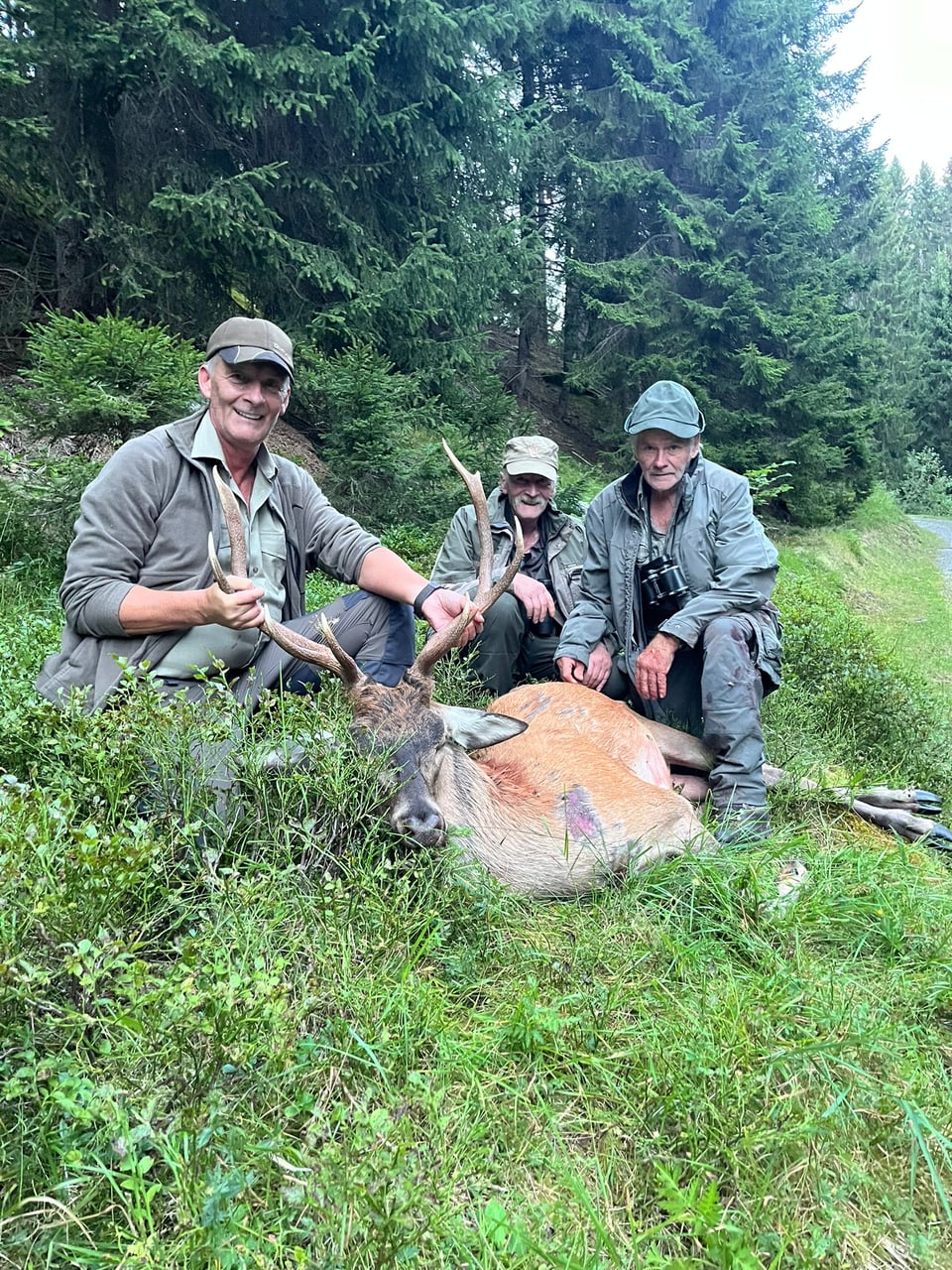 Drei Männer mit erlegtem Hirsch im Wald.