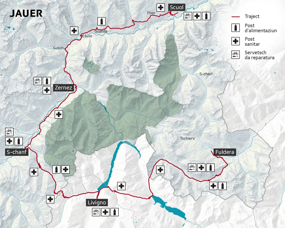 Karte der Jauer-Route mit eingezeichneten Pfaden und Posten.