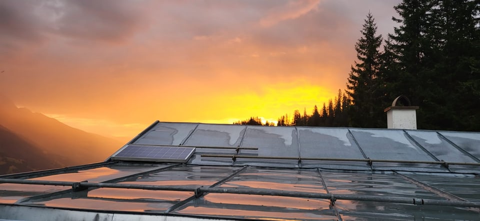 Sonnenuntergang über einem Dach, Bäume im Hintergrund.