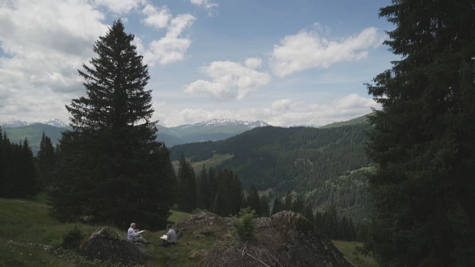 Verschneite Alpen mit Wiesen, Bäumen und zwei Personen.