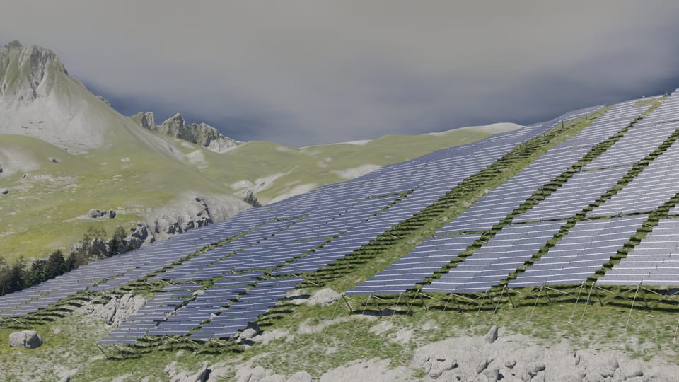 Die Visualisierung einer Solaranlage in den Bündner Bergen.