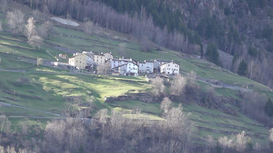 Kleines Dorf auf einem Hügel, umgeben von Wald und Wiesen.