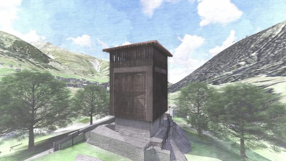 Der geplante Holzturm über der Ruine Pontaningen in Dieni Tujetsch. 