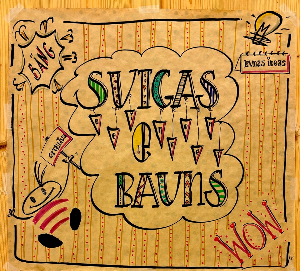 Handgezeichnetes Poster mit dem Text 'SVICAS VÉ BAUNS' in bunten Buchstaben und grafischen Verzierungen.
