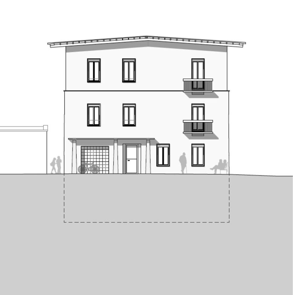 Architekturzeichnung eines dreistöckigen Hauses mit Balkonen und Menschen.