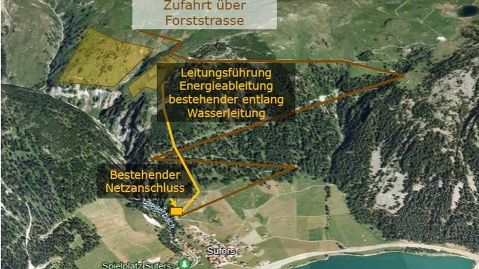 Karte mit Projekt für eine Solaranlage oberhalb von Sufers im Hinterrhein.