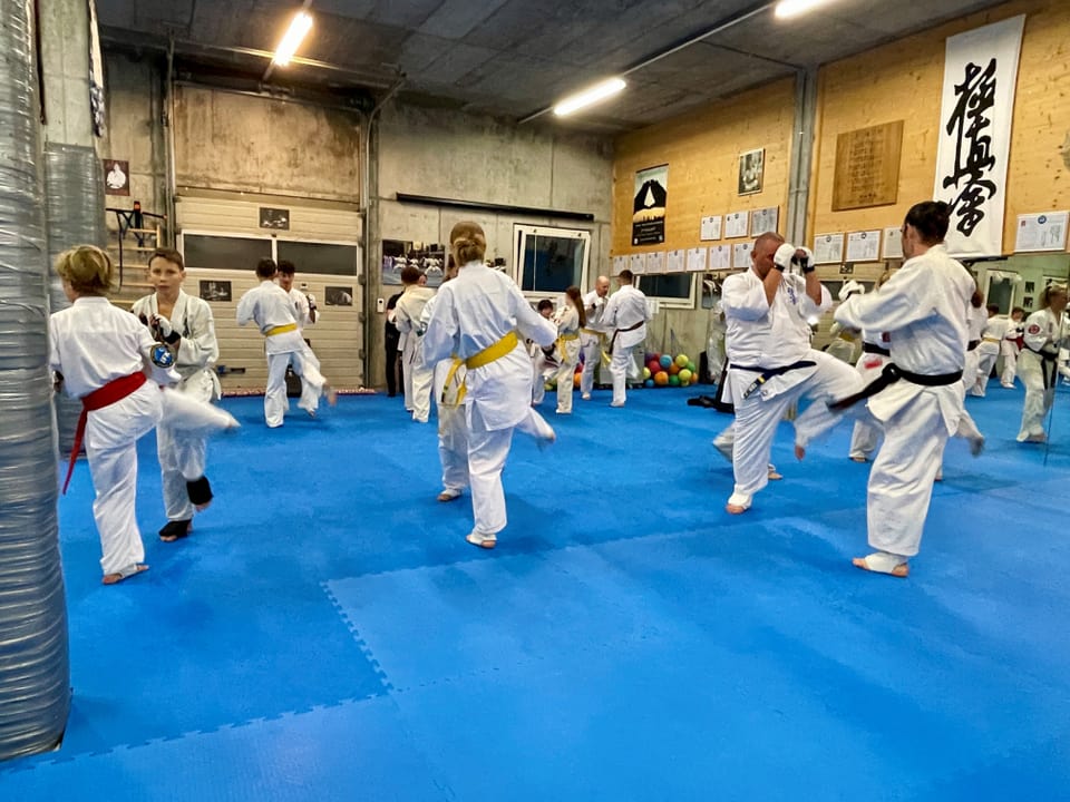 Gruppe von Menschen in Karate-Uniformen, die in einer Halle trainieren.