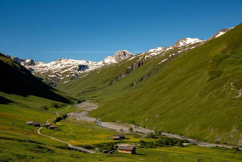 Alpenlandschaft mit grünem Tal und schneebedeckten Bergen.