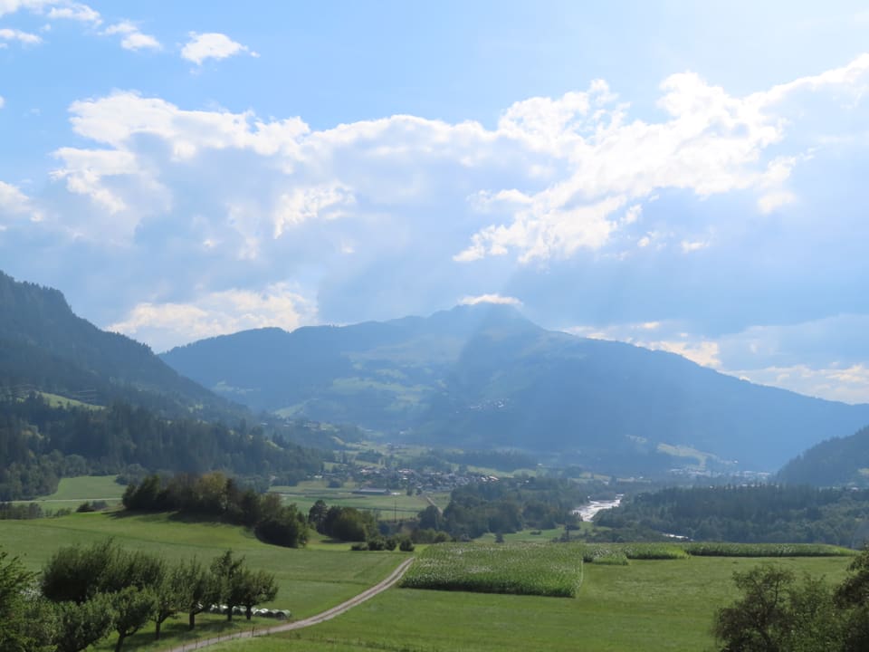 Grüne Landschaft mit Bergen unter bewölktem Himmel.