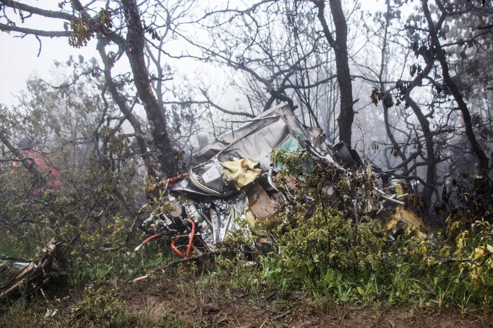 Abgestürztes Flugzeugwrack im Wald.