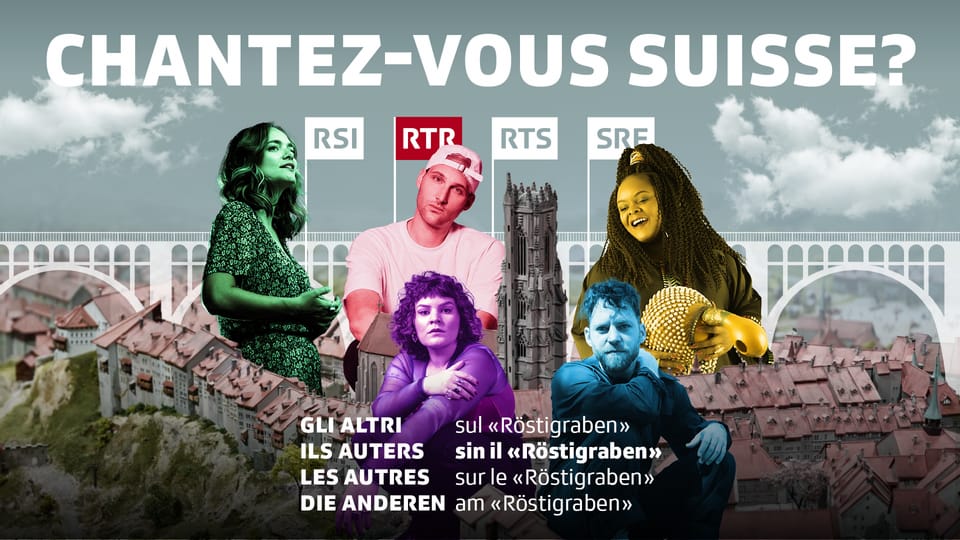 Werbung für 'Chantez-vous Suisse?' mit vier Personen vor schweizerischem Hintergrund.