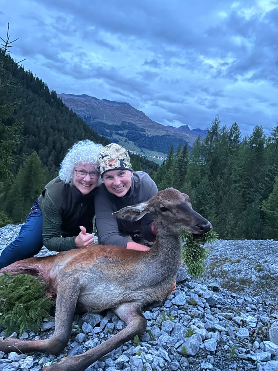 Zwei Personen neben einem gefallenen Hirsch vor bergiger Waldlandschaft.