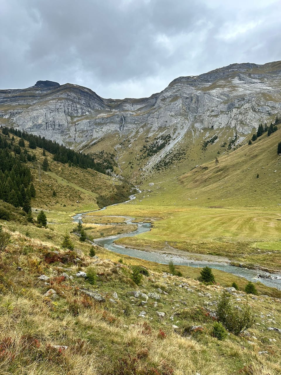 Berglandschaft mit kleinem Fluss und Wolkenhimmel.