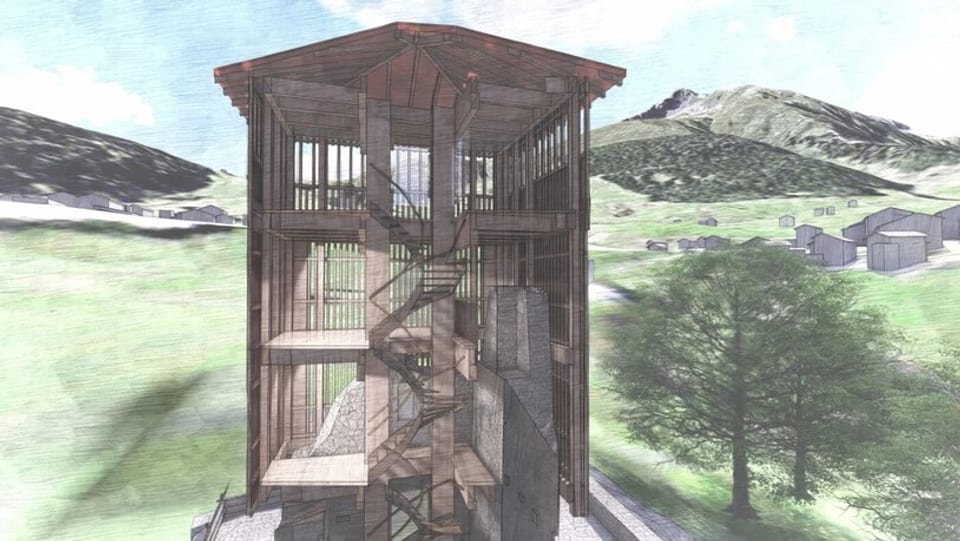 Die Konstruktion des Holzturms will die Mauerreste schützen, in Dieni, Sedrun, Tujetsch. 